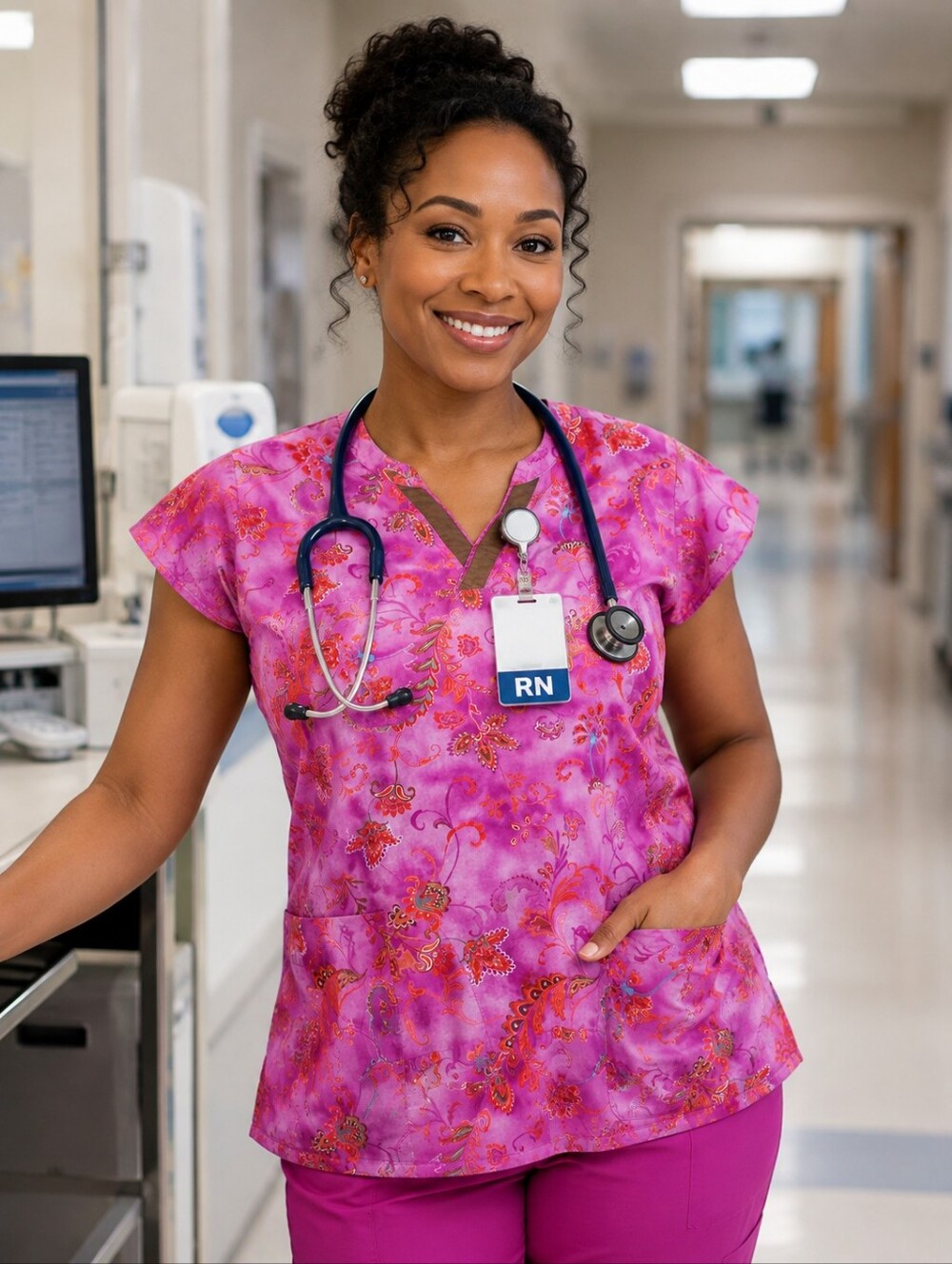 Dickies Pink Floral V-Neck Scrub Top